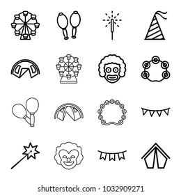 Carnival icons. set of 16 editable outline carnival icons such as sparklers, tent, clown, ferris wheel, maracas, tambourine, party hat, party flag