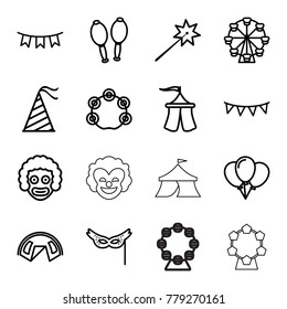 Carnival icons. set of 16 editable outline carnival icons such as sparklers, tent, balloon, clown, ferris wheel, maracas, tambourine, party hat, party flag, mask, carousel