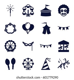 carnival icons set. Set of 16 carnival filled icons such as Ferris wheel, maracas, tambourine, party hat, party flag, sparkler, mask, confetti, tent, carousel, circus, balloon