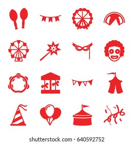 Carnival icons set. set of 16 carnival filled icons such as ferris wheel, maracas, tambourine, party hat, party flag, mask, confetti, tent, sparklers, circus, carousel