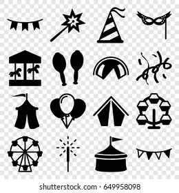 Carnival icons set. set of 16 carnival filled icons such as maracas, party hat, party flag, sparkler, mask, confetti, tent, sparklers, carousel, circus, balloon