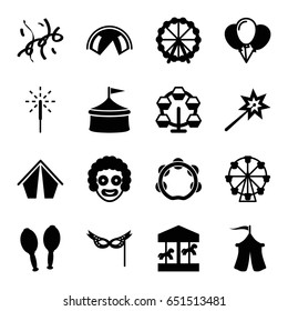 Carnival icons set. set of 16 carnival filled icons such as ferris wheel, maracas, tambourine, sparkler, mask, confetti, tent, sparklers, carousel, circus, balloon