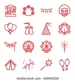 Carnival icons set. set of 16 carnival outline icons such as ferris wheel, maracas, tambourine, party hat, party flag, sparkler, mask, confetti, tent, sparklers, carousel