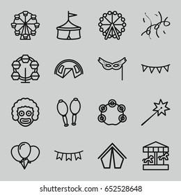 Carnival icons set. set of 16 carnival outline icons such as ferris wheel, maracas, tambourine, party flag, mask, confetti, tent, sparklers, carousel, circus, balloon