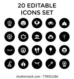 Carnival icons. set of 20 editable filled carnival icons such as ferris wheel, tent, balloon, clown, maracas, tambourine. best quality carnival elements in trendy style.