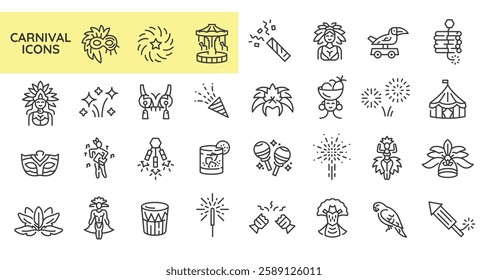 Carnival icons. Set of 31 carnival trendy minimal icons. Example: Mask, Dancer, Costume, Parrot, Cocktail icon. Design signs for web page, mobile app, packaging design. Vector illustration