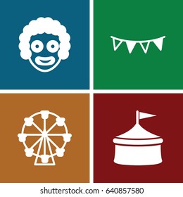 Carnival icons set. set of 4 carnival filled icons such as party flag, circus, clown