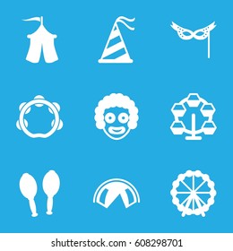 Carnival icons set. set of 9 carnival filled icons such as Ferris wheel, maracas, tambourine, party hat, mask, tent, carousel