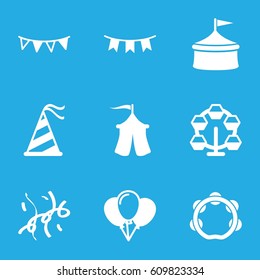 Carnival icons set. set of 9 carnival filled icons such as tambourine, party hat, party flag, confetti, tent, carousel, circus
