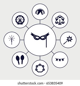 Carnival icons set. set of 9 carnival filled icons such as ferris wheel, maracas, tambourine, party flag, sparkler, mask, sparklers, carousel