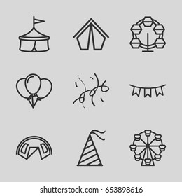 Carnival icons set. set of 9 carnival outline icons such as party hat, party flag, confetti, tent, ferris wheel, carousel, circus