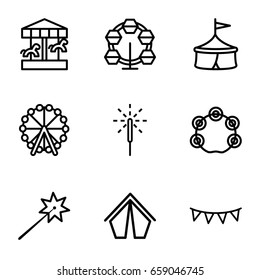 Carnival icons set. set of 9 carnival outline icons such as ferris wheel, tambourine, party flag, sparkler, tent, sparklers, carousel
