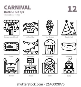 Carnival icons set, Detailed Outline, vector and illustration set 3