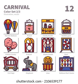 Carnival icons set, Filled Outline, vector and illustration set 2