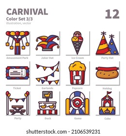Carnival icons set, Filled Outline, vector and illustration set 3