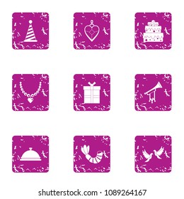 Carnival icons set. Grunge set of 9 carnival vector icons for web isolated on white background