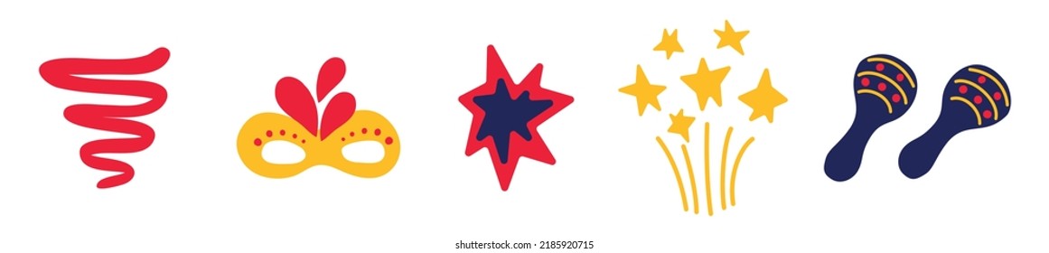 carnival icons set, mask and fireworks, holiday attributes, isolated flat vector
