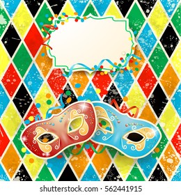 Carnival illustration with masks and label on harlequin background. Vector illustration 