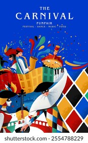 carnival illustration venetian style with mask and harlequin pattern circus music dance