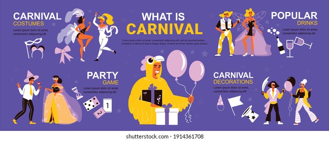 Carnival infographics with isolated human characters of people in festive costumes masks and editable text captions vector illustration