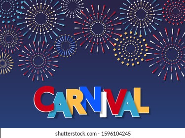 Carnival inscription design. Multi-colored fireworks. Cut out of paper. Flyer, invitation. Vector illustration