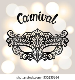 Carnival invitation card with black lace mask. Celebration party background.