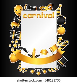 Carnival invitation card with gold icons and objects. Celebration party background.