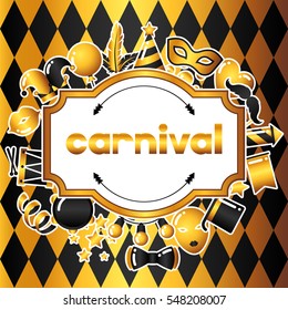 Carnival invitation card with gold icons and objects. Celebration party background.