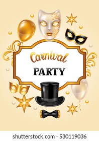 Carnival invitation card with gold masks and decorations. Celebration party background.