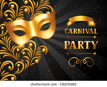 Carnival invitation card with golden mask. Celebration party background.