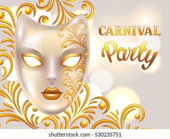 Carnival invitation card with venetian mask decorated golden ornaments. Celebration party background.