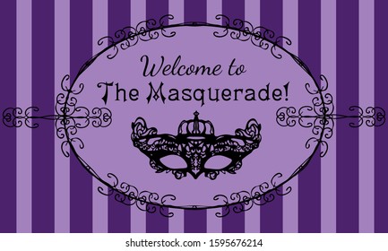 carnival invitation card in violet colors with masquerade mask and text 'welcome to the masquerade'
