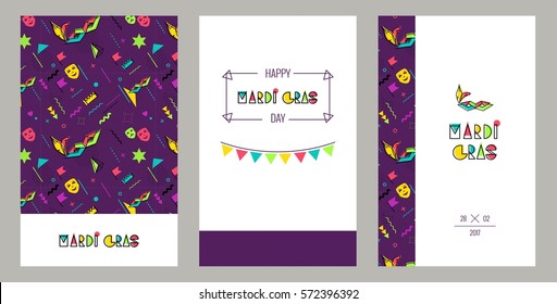 Carnival invitation cards in 80s memphis style. Mardi Gras Party Posters. Vector flat illustration