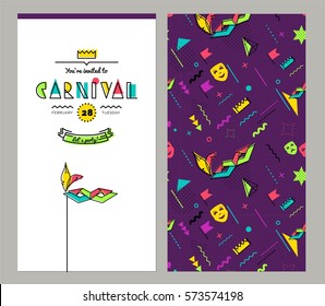 Carnival invitation cards in 80s memphis style. Mardi Gras Party Posters. Vector flat illustration