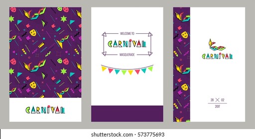 Carnival invitation cards in 80s memphis style. Mardi Gras Party Posters. Vector flat illustration