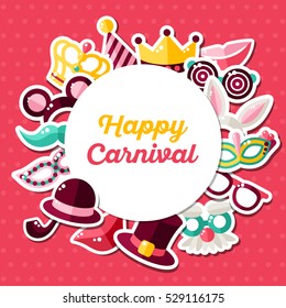 Carnival Invitation Concept. Circle Frame with Masquerade Masks. Vector illustration. Photo Booth Party Elements. Rabbit Ears, Detective Hat and Pipe, Smiling Lips, Princess Crown.