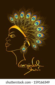 Carnival invitation with outline beautiful woman in peacock feathers headdress