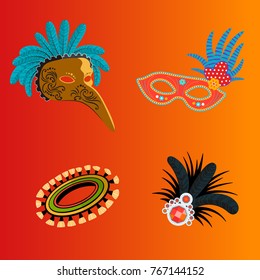 Carnival Italy and Brazil masks celebration festive carnaval masquerade background festival vector illustration.
