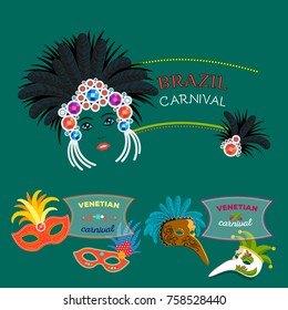 Carnival Italy and Brazil web banner masks celebration festive carnaval masquerade background festival flyer vector illustration.