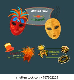 Carnival Italy and Brazil web banner masks celebration festive carnaval masquerade background festival flyer vector illustration.
