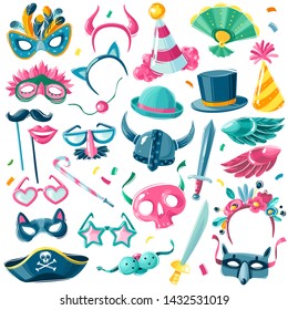 Carnival items set isolated icons on white background in illustrative cartoon style. Purim holiday items fancy things. Vector