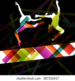 Carnival jugglers women silhouettes in abstract circus color background vector illustration