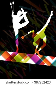 Carnival jugglers women silhouettes in abstract circus color background vector illustration