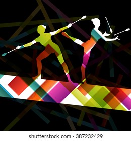 Carnival jugglers women silhouettes in abstract circus color background vector illustration