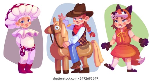 Carnival kid costume. Cowboy child boy character. Cute and funny little girl wearing fox and mushroom suit for school play or celebration. Adorable fantasy theater children dance and waving collection