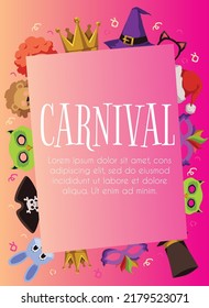 Carnival kids party invitation poster with copy space for text, flat vector illustration. Cartoon face masks for masquerade - pirate, rabbit, owl, witch and clown.