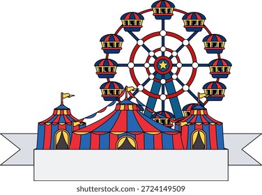 Um carnaval com uma grande roda-gigante e o logotipo de uma tenda de circo