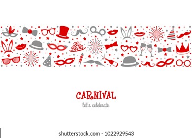 Carnival - let's celebrate. Banner with colourful party icons. Vector.