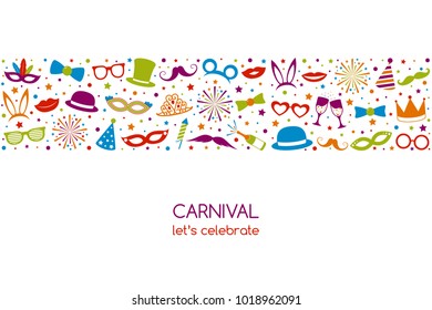 Carnival - let's celebrate. Banner with colurful decorations. Vector.