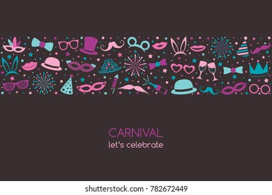 Carnival - let's celebrate. Banner with funny icons. Vector. 